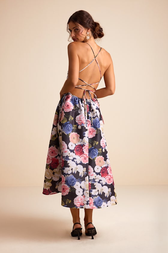 Lulus Soreia Black Multi Floral Taffeta Floral Lace-up Midi Dress In Black
