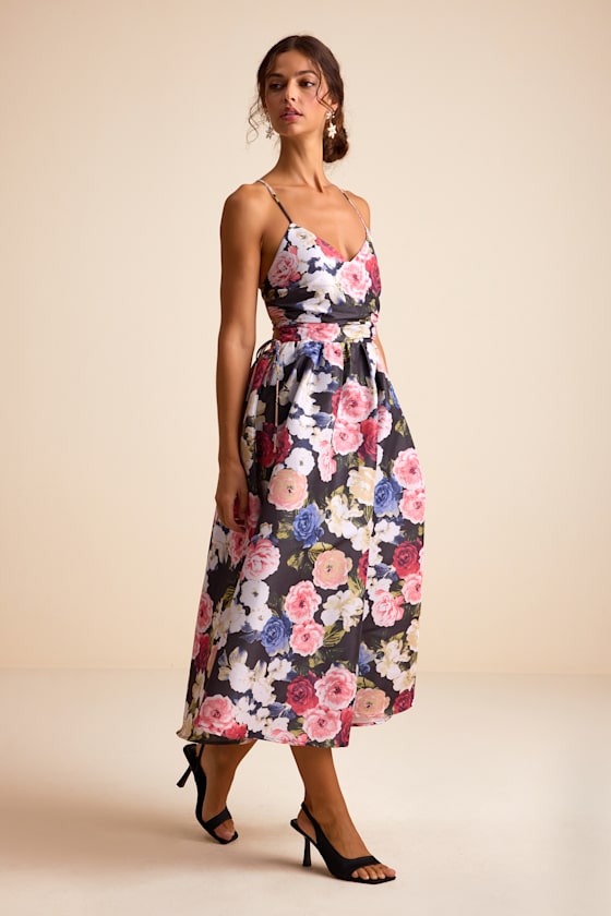 Lulus Soreia Black Multi Floral Taffeta Floral Lace-up Midi Dress In Black