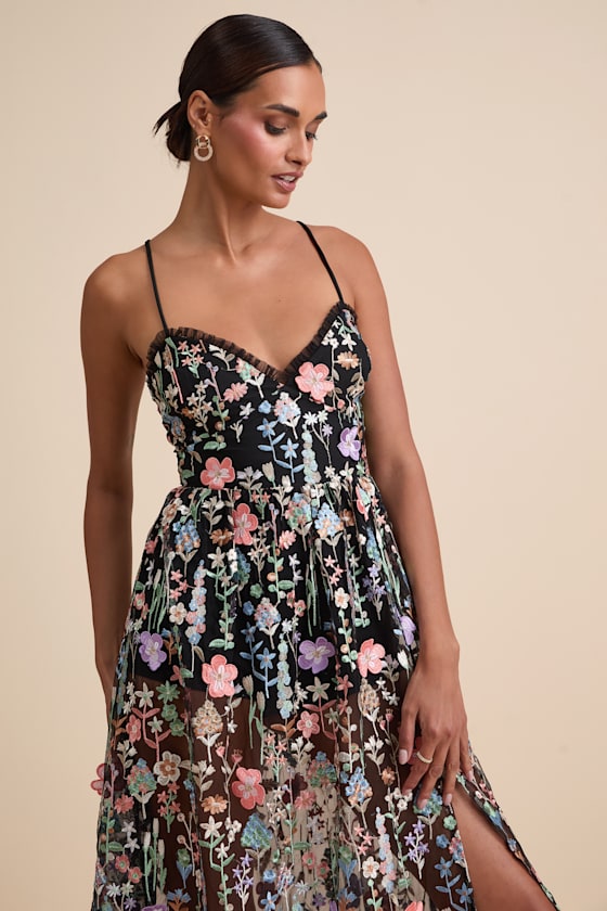 Mahryn Black 3D Floral Embroidered Midi Bodysuit Dress 2
