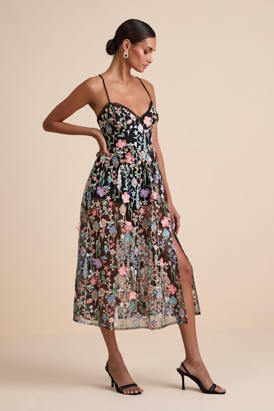 Mahryn Black 3D Floral Embroidered Midi Bodysuit Dress 4