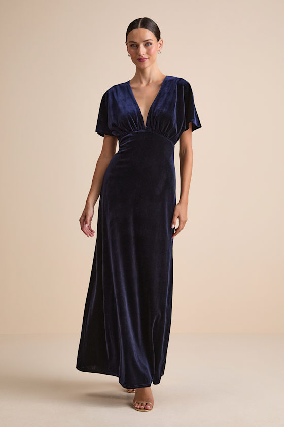 Mystical Charm Navy Velvet Flutter Sleeve Maxi Dress 1