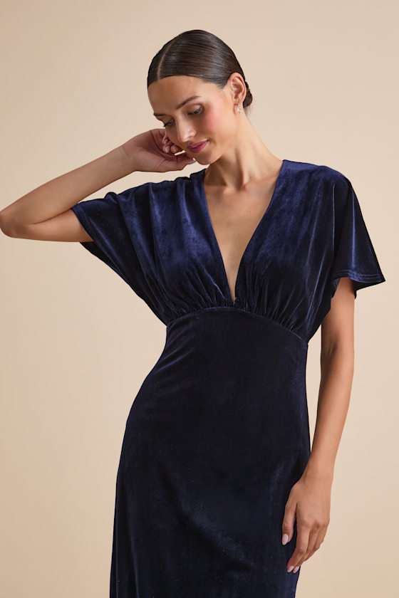Mystical Charm Navy Velvet Flutter Sleeve Maxi Dress - thumbnail 2