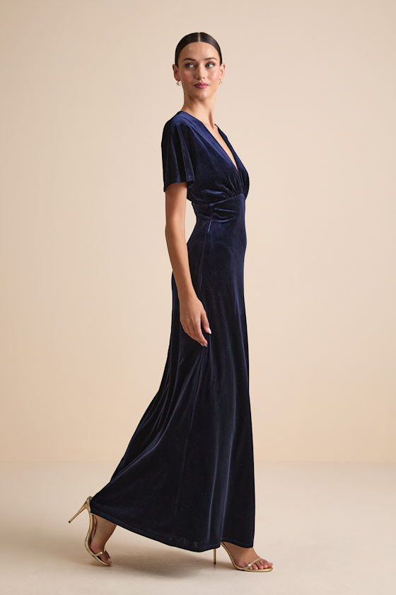 Mystical Charm Navy Velvet Flutter Sleeve Maxi Dress - thumbnail 4