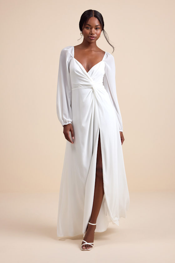 White Maxi Dress - Twist-Front Dress - Long Sleeve Maxi Dress - Image 3
