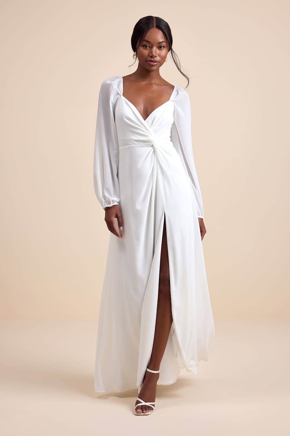 Composed Soiree White Twist-Front Long Sleeve Maxi Dress