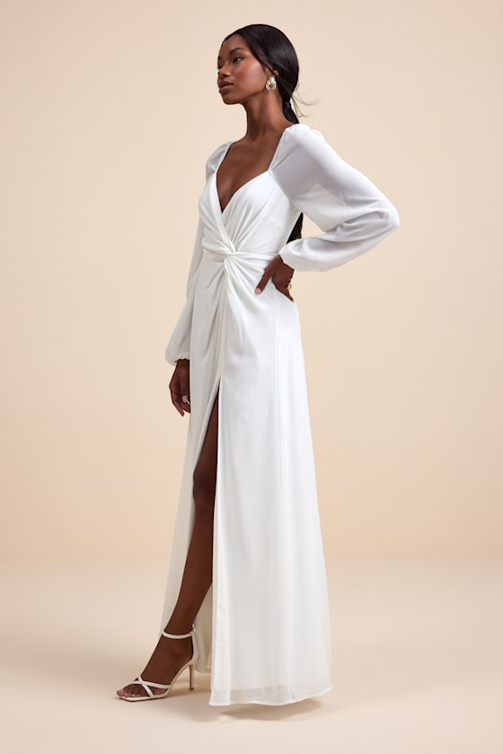 White Maxi Dress - Twist-Front Dress - Long Sleeve Maxi Dress - Image 4