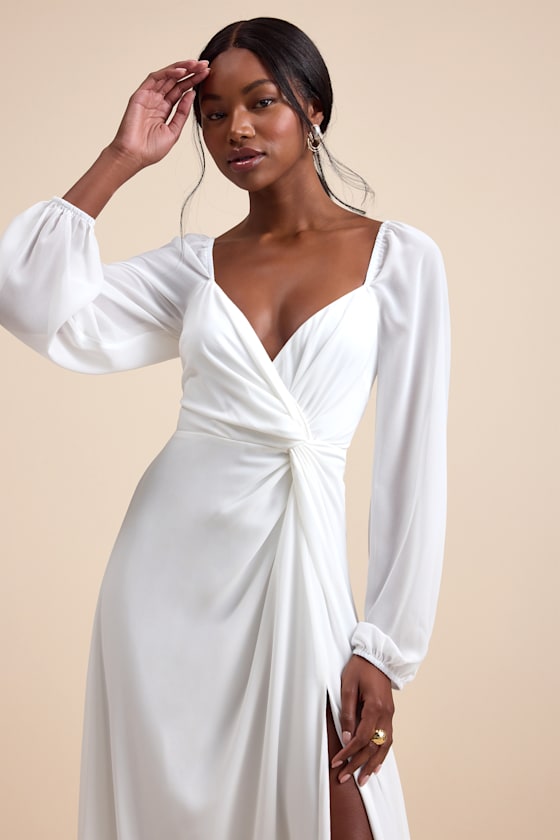 White Maxi Dress - Twist-Front Dress - Long Sleeve Maxi Dress - Image 5