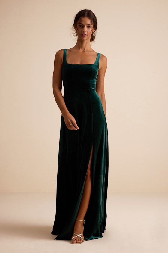Graceful Invite Emerald Velvet Square Neck Lace-Up Maxi Dress