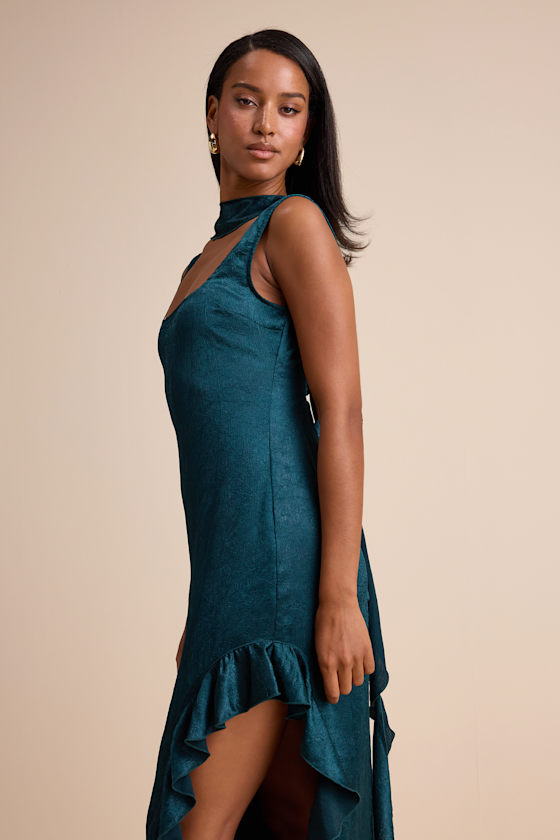 Lulus Adelise Teal Green Satin Ruffled Sash Scarf Maxi Dress In Green