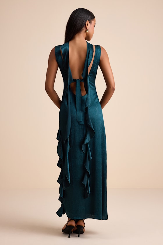 Lulus Adelise Teal Green Satin Ruffled Sash Scarf Maxi Dress In Green