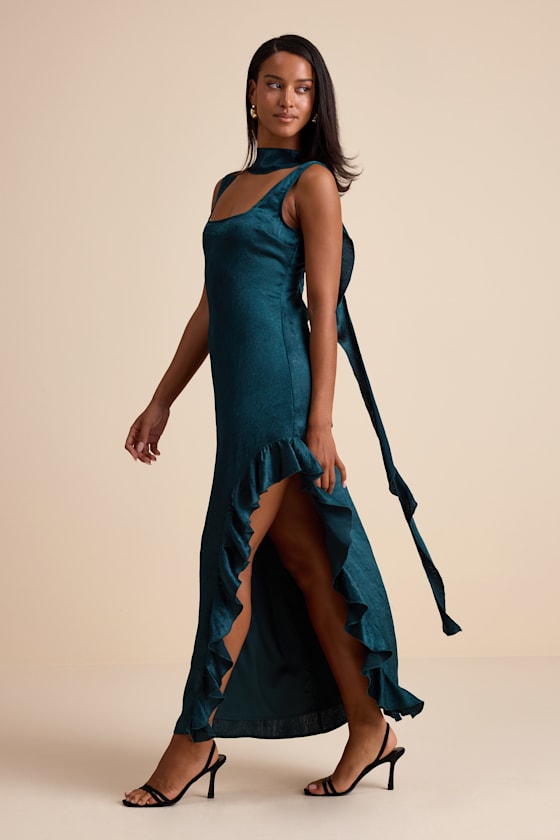 Lulus Adelise Teal Green Satin Ruffled Sash Scarf Maxi Dress In Green