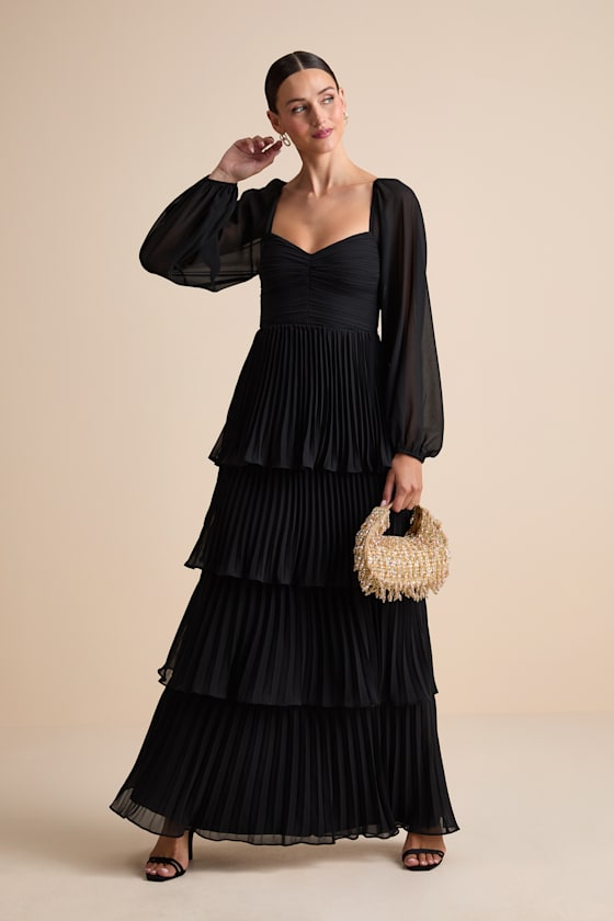 Impactful Elegance Black Tiered Balloon Sleeve Maxi Dress