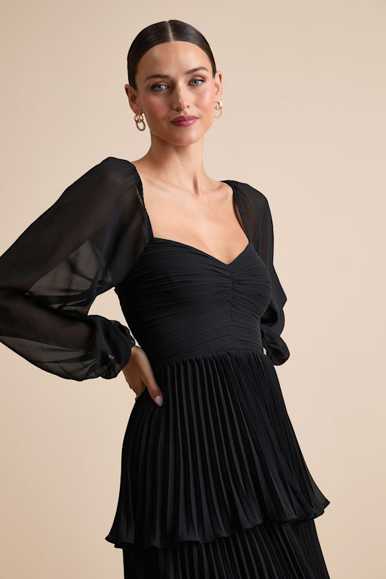 Black Tiered Dress - Balloon Sleeve Maxi Dress - Pleated Dress - Lulus