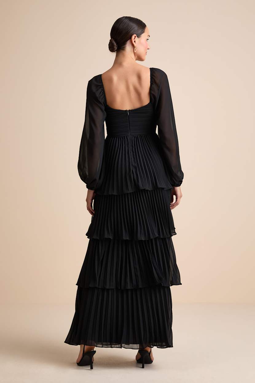Impactful Elegance Black Tiered Balloon Sleeve Maxi Dress