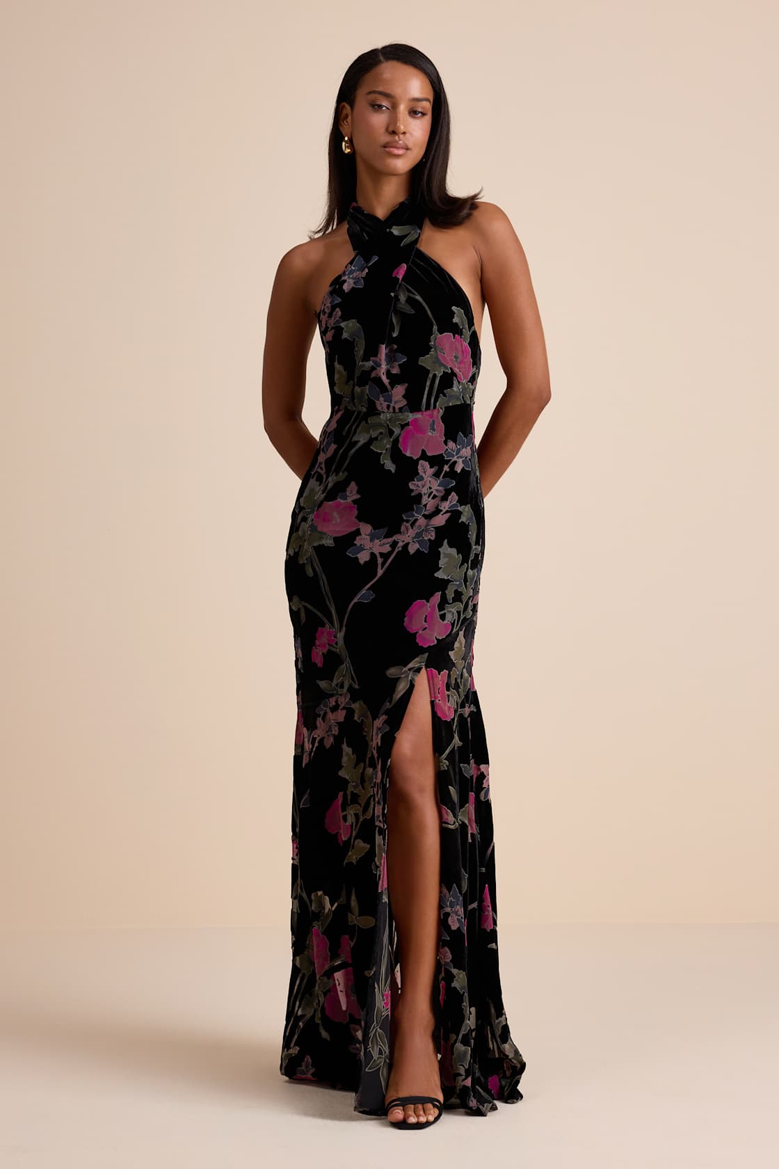 Flawlessly Gorgeous Black Burnout Floral Halter Maxi Dress