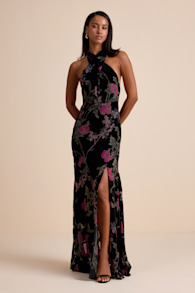 Flawlessly Gorgeous Black Burnout Floral Halter Maxi Dress 1