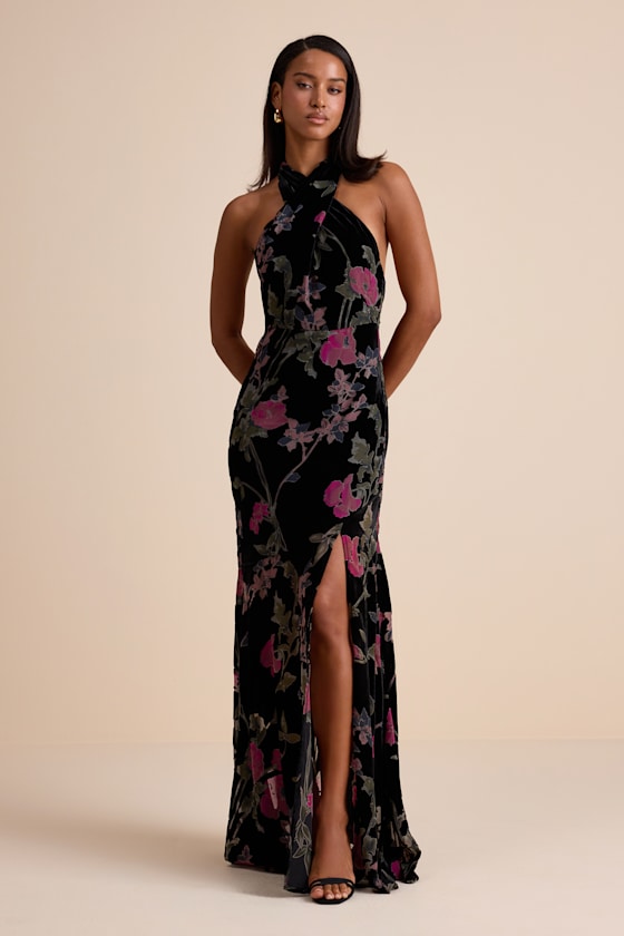 Flawlessly Gorgeous Black Burnout Floral Halter Maxi Dress 1