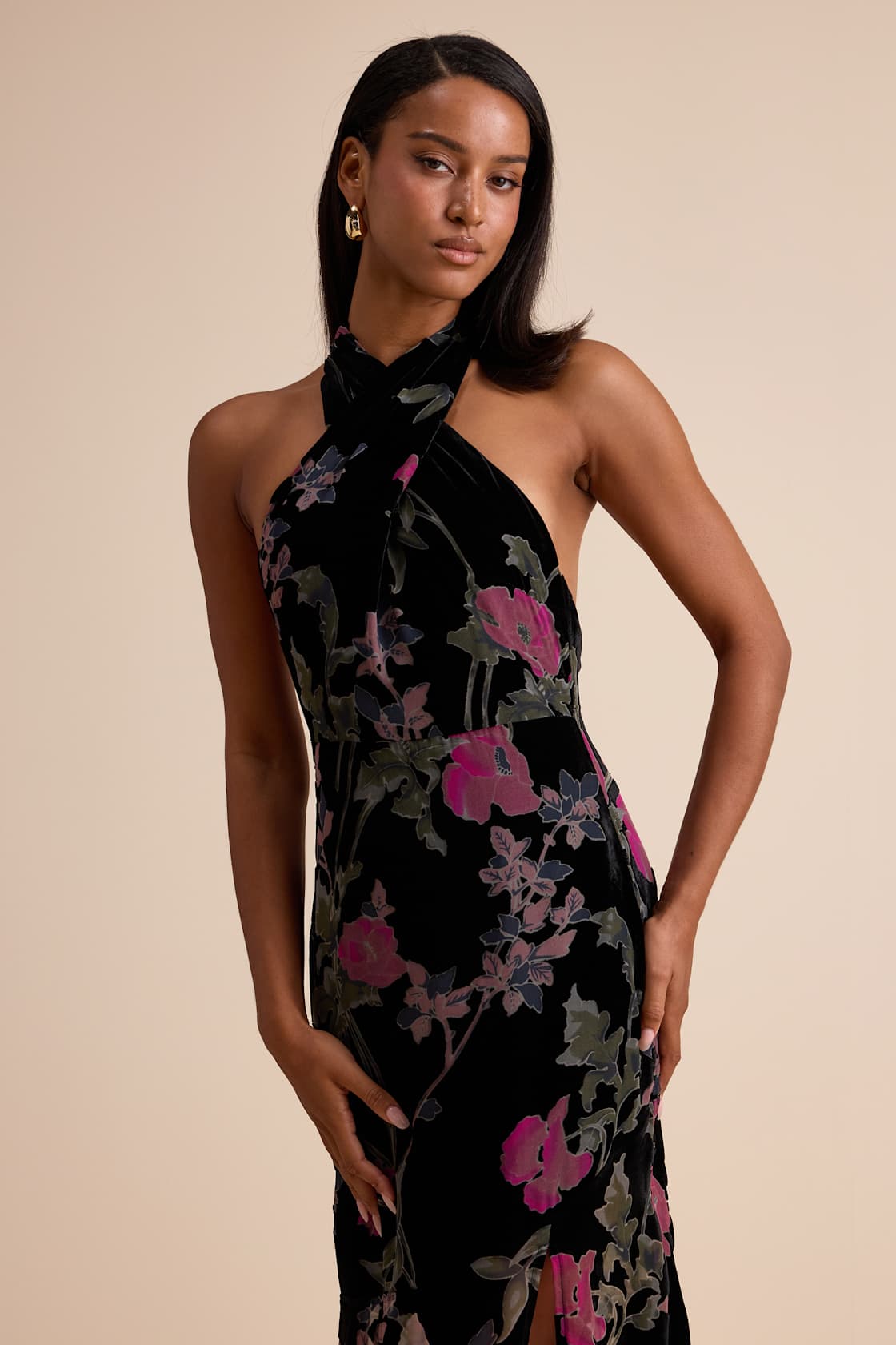 Flawlessly Gorgeous Black Burnout Floral Halter Maxi Dress