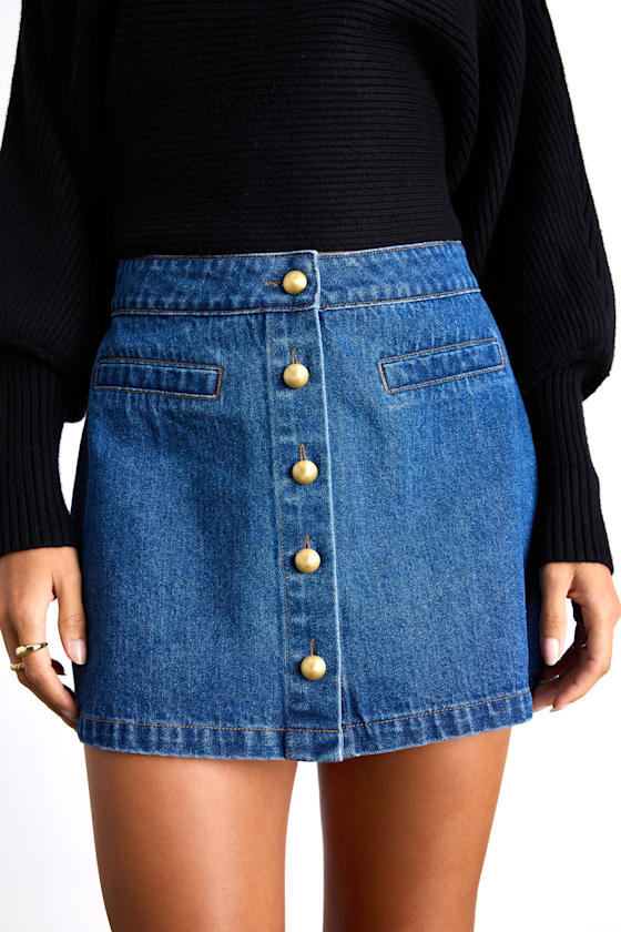 Odella Dark Wash Denim Button-Front Mid-Rise Mini Skirt