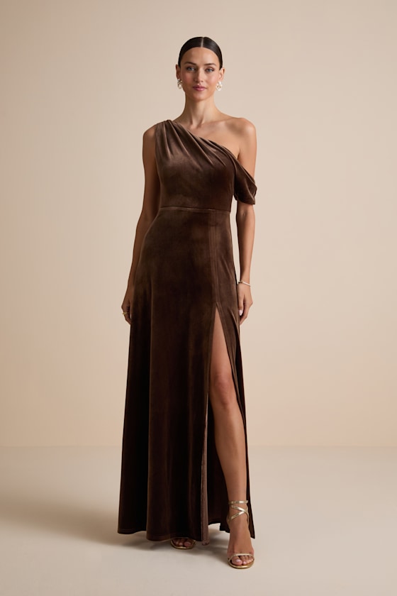 Image of Coveted Confidence Brown Velvet Asymmetrical Maxi Dress