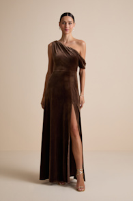 Coveted Confidence Brown Velvet Asymmetrical Maxi Dress 1
