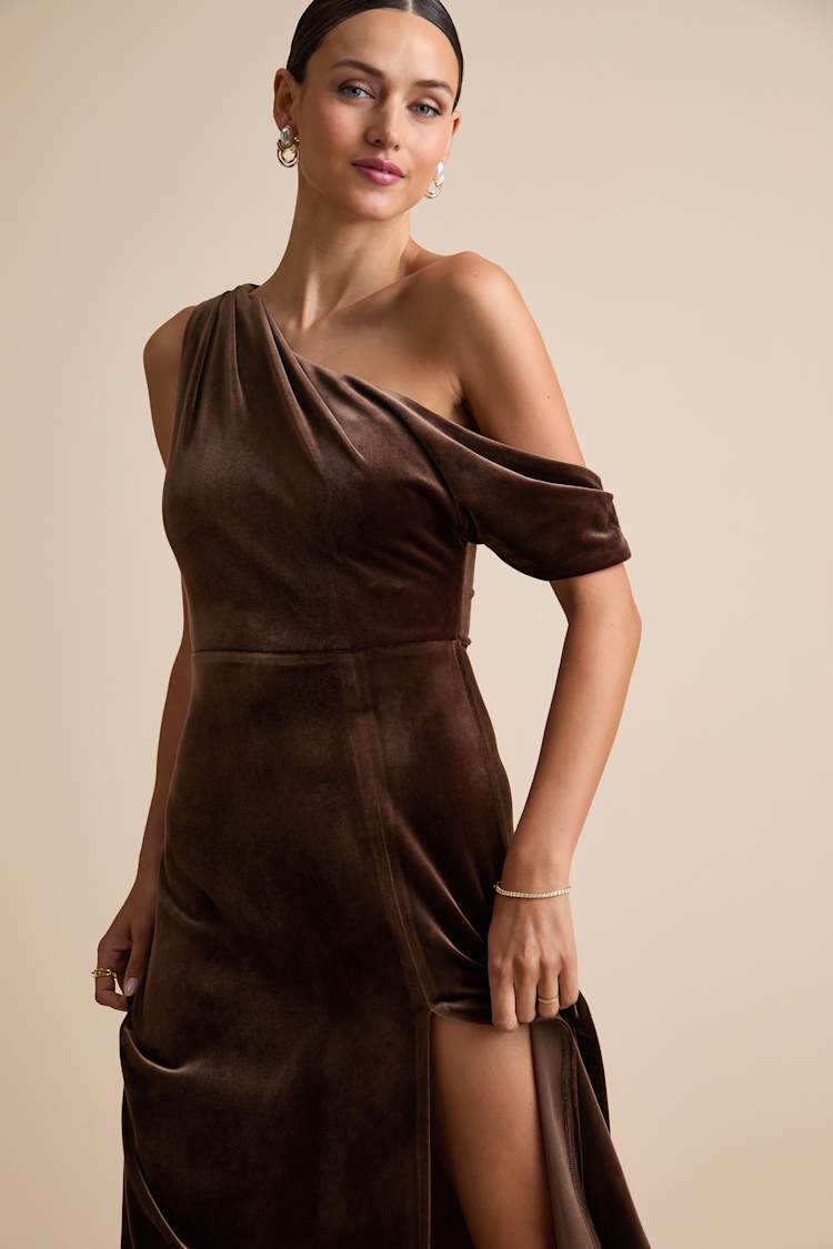 Coveted Confidence Brown Velvet Asymmetrical Maxi Dress