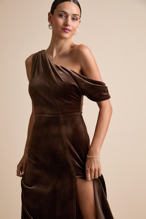 Coveted Confidence Brown Velvet Asymmetrical Maxi Dress 2