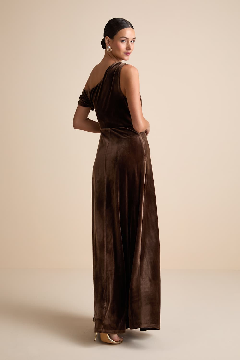 Coveted Confidence Brown Velvet Asymmetrical Maxi Dress