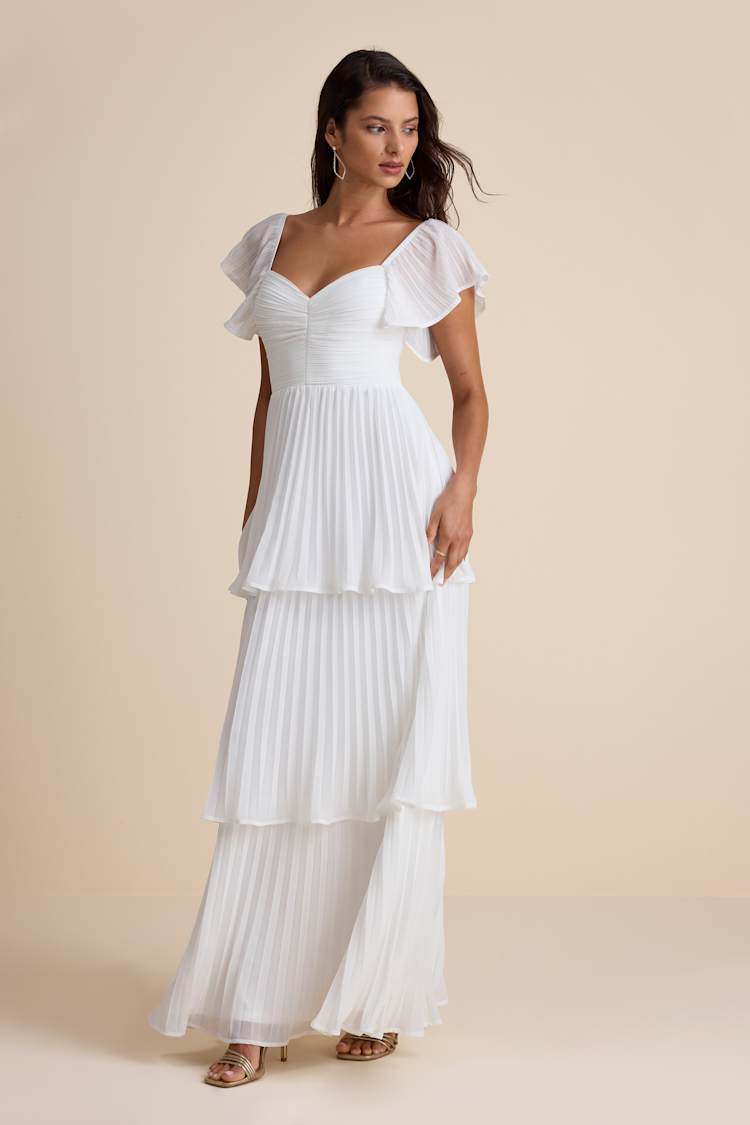 Notorious Charm White Pleated Flutter Sleeve Maxi Dress