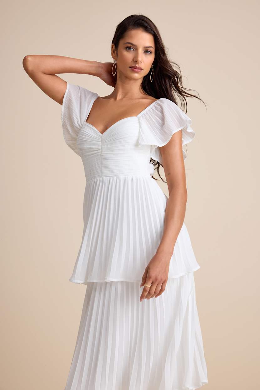 Notorious Charm White Pleated Flutter Sleeve Maxi Dress