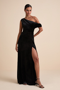 Coveted Confidence Black Velvet Asymmetrical Maxi Dress 1
