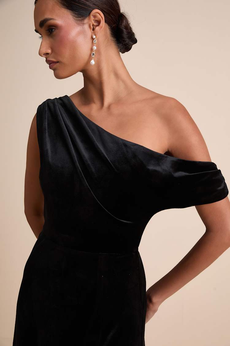 Coveted Confidence Black Velvet Asymmetrical Maxi Dress