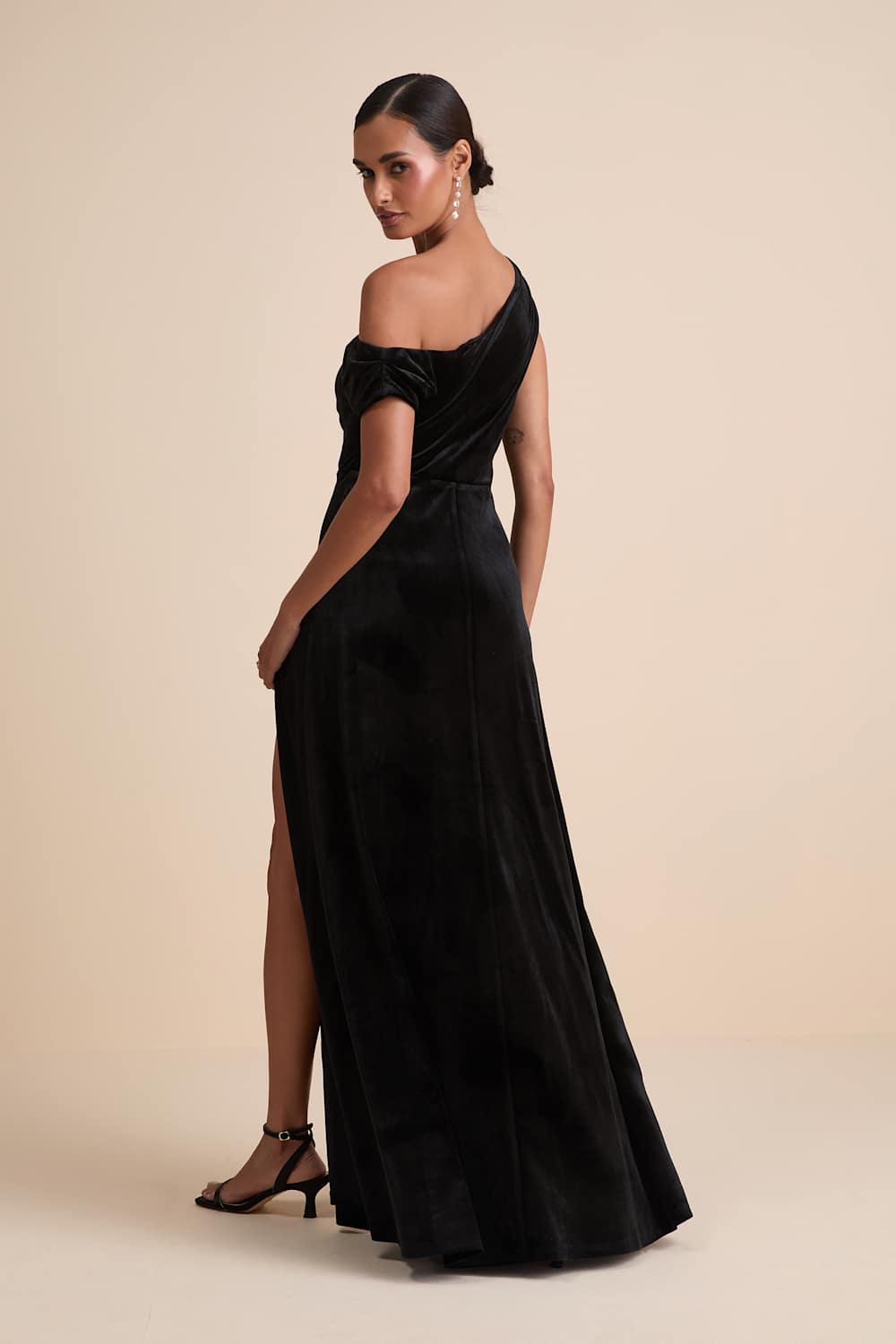 Coveted Confidence Black Velvet Asymmetrical Maxi Dress