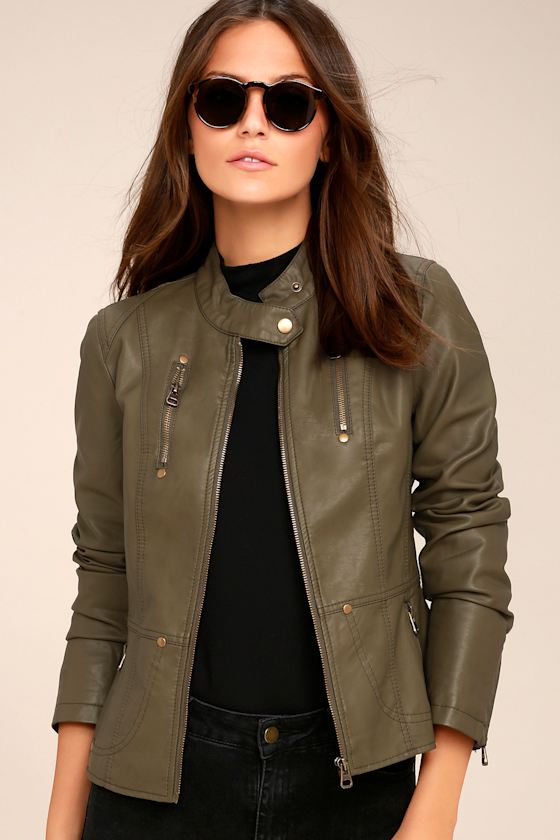 Chic Olive Green Jacket Moto Jacket Vegan Leather Jacket Lulus