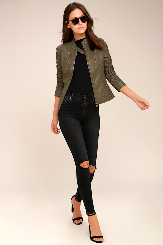 Peace of Mind Olive Green Vegan Leather Moto Jacket 1