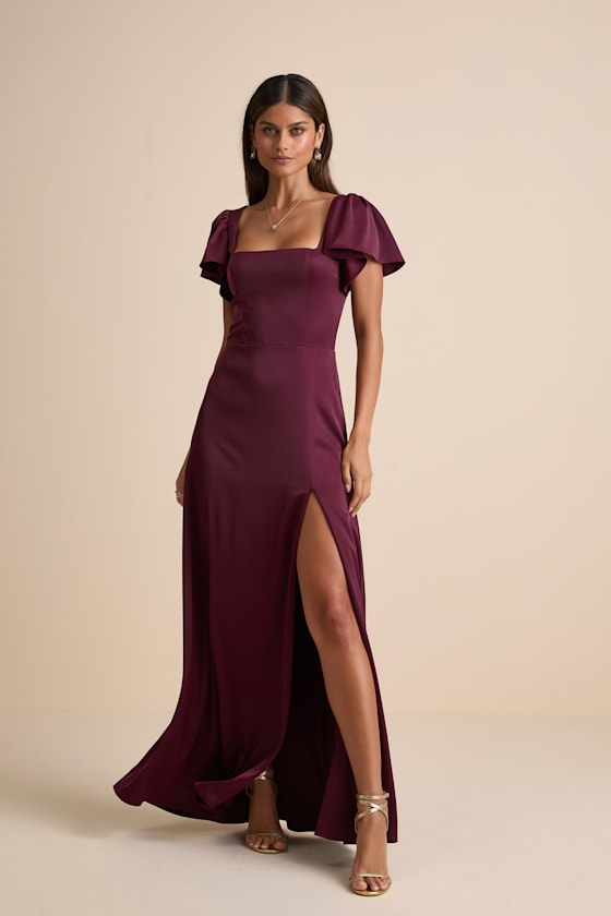Ultimate Sweetness Plum Satin Flutter Sleeve Maxi Dress 1