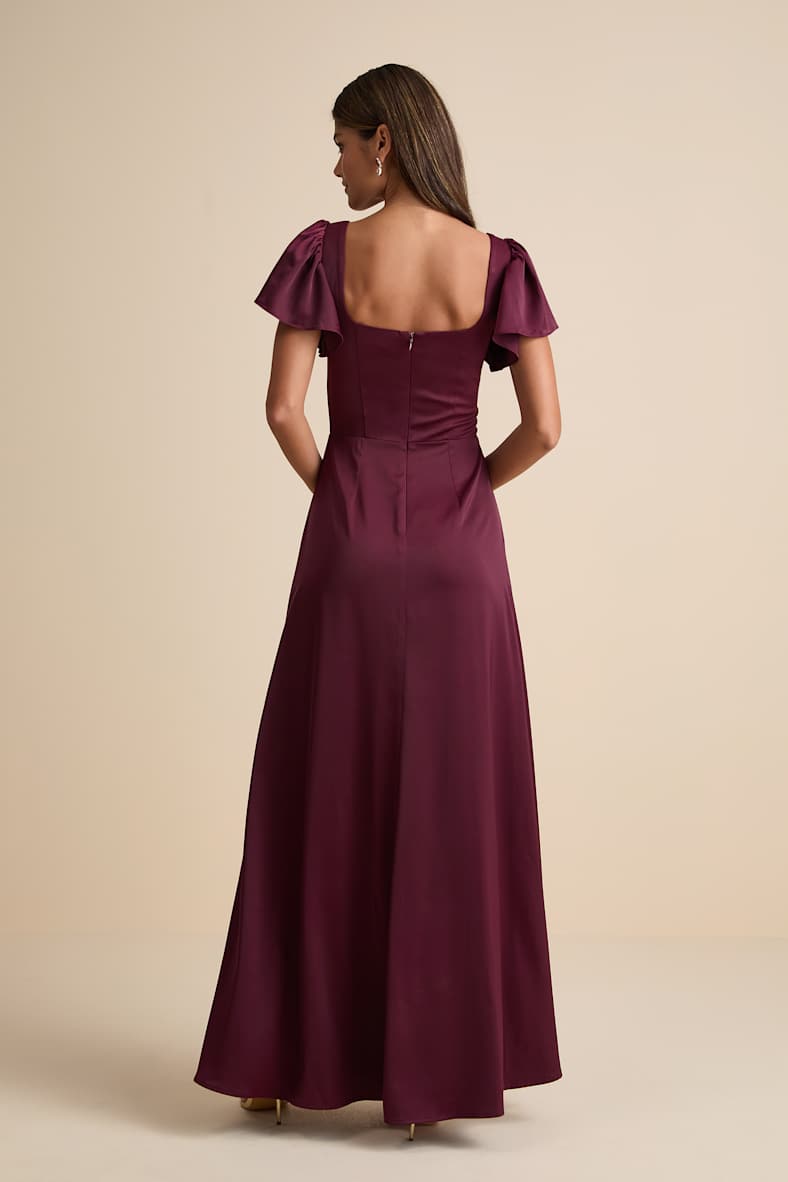 Ultimate Sweetness Plum Satin Flutter Sleeve Maxi Dress