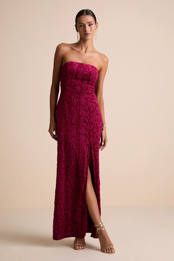 Chic Grace Burgundy Velvet Floral Applique Strapless Maxi Dress 1