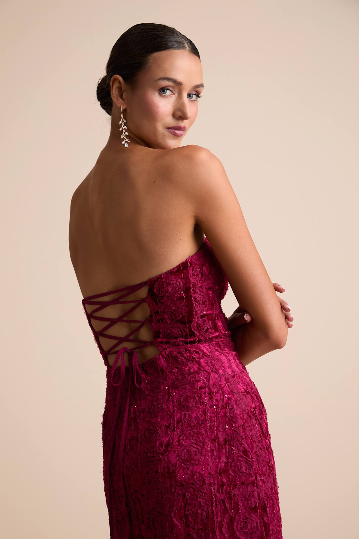 Chic Grace Burgundy Velvet Floral Applique Strapless Maxi Dress