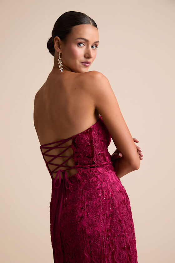 Chic Grace Burgundy Velvet Floral Applique Strapless Maxi Dress 2