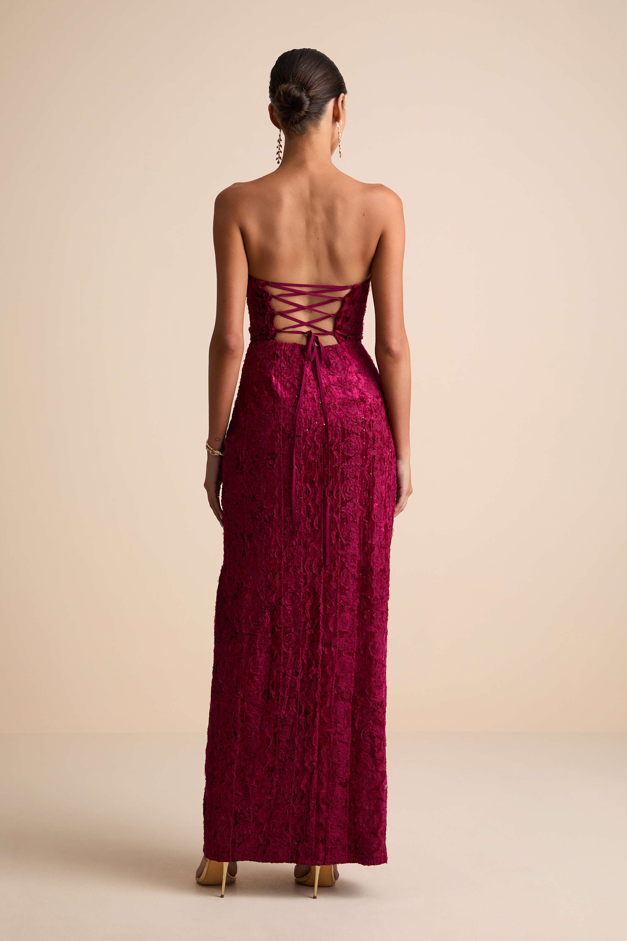 Chic Grace Burgundy Velvet Floral Applique Strapless Maxi Dress