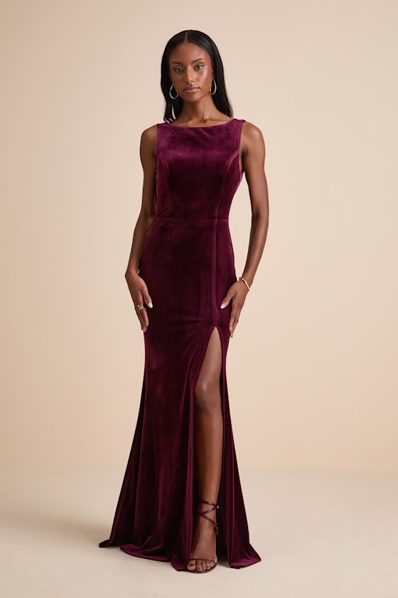 Ravishing Poise Burgundy Velvet Cowl Back Sleeveless Maxi Dress 1