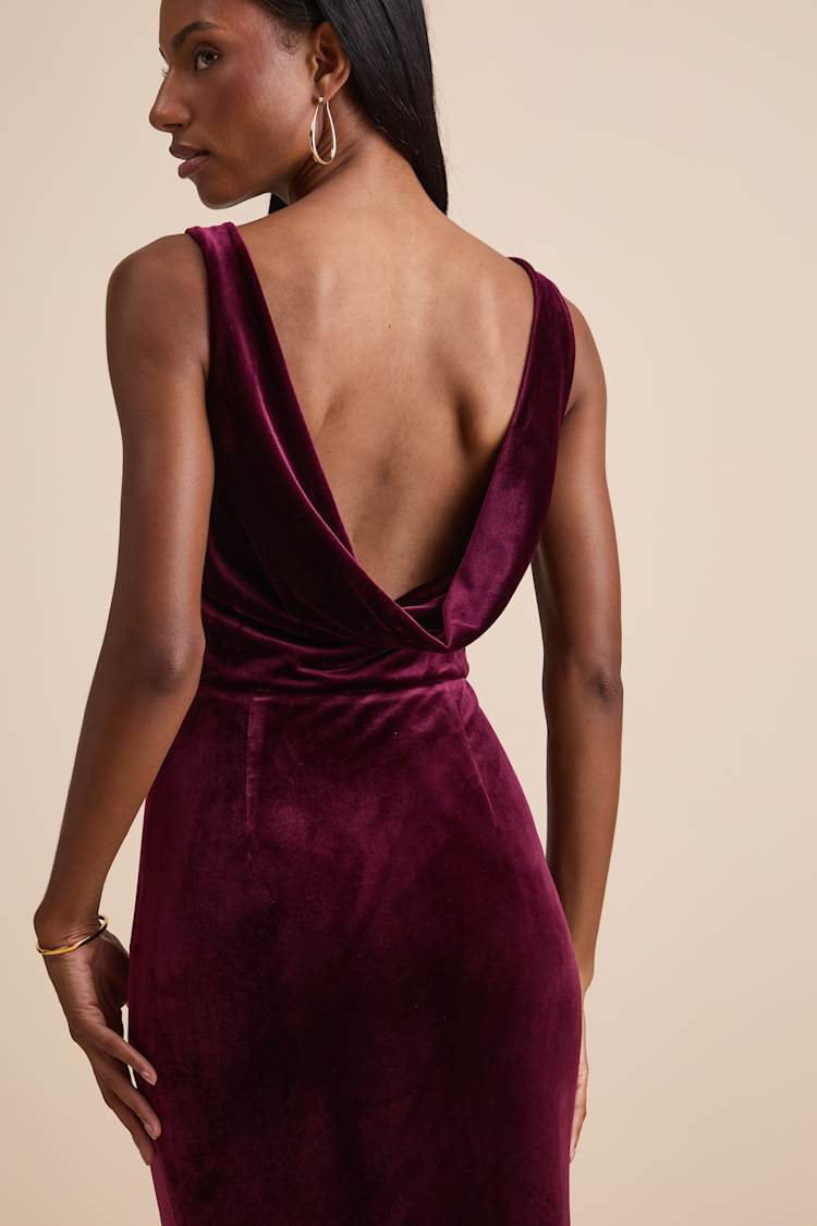 Ravishing Poise Burgundy Velvet Cowl Back Sleeveless Maxi Dress