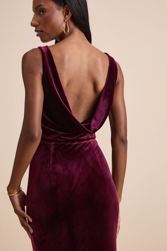 Ravishing Poise Burgundy Velvet Cowl Back Sleeveless Maxi Dress 2