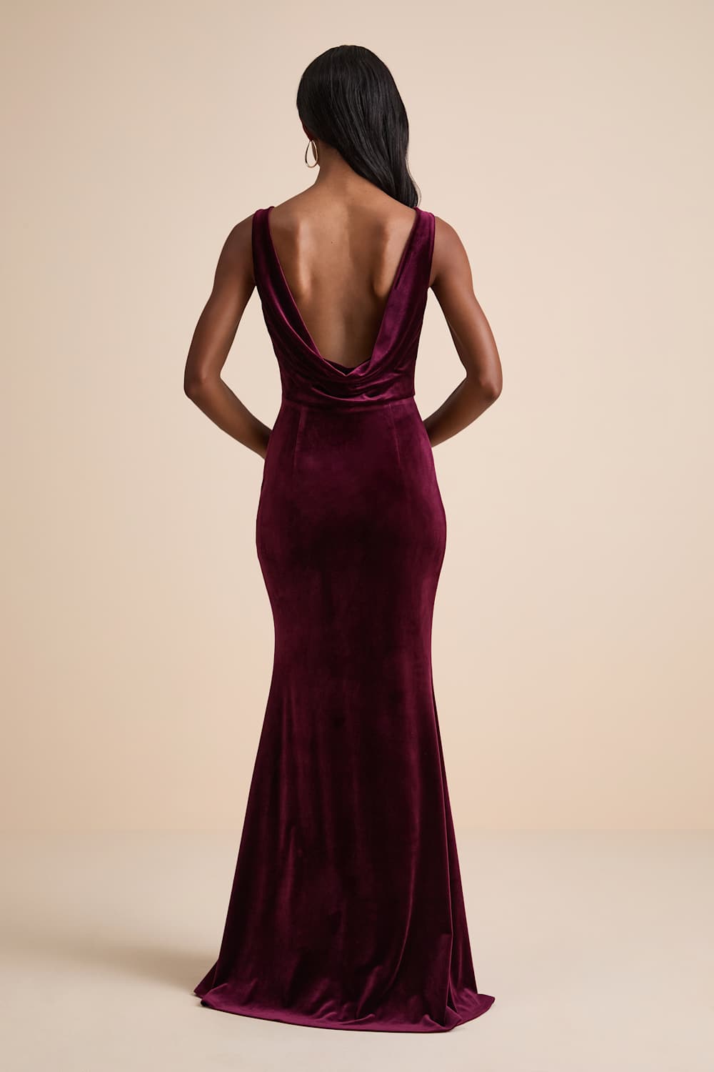 Ravishing Poise Burgundy Velvet Cowl Back Sleeveless Maxi Dress