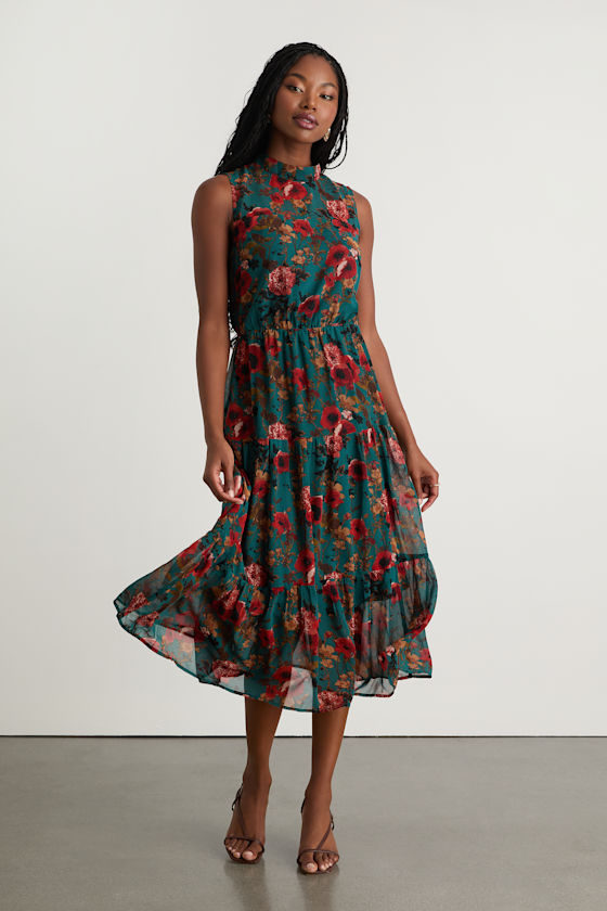 midi length floral dress Lia Floral Midi Dress in Rust