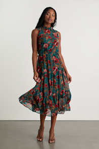 In My Dreams Teal Multi Floral Print Midi Dress 1