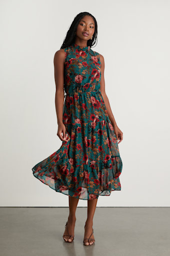 In My Dreams Teal Multi Floral Print Midi Dress 1
