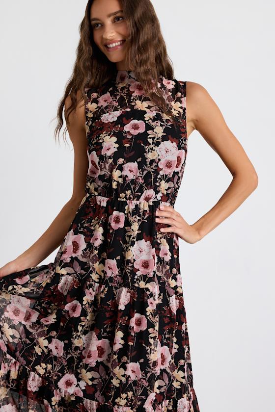 In My Dreams Black and Pink Floral Print Midi Dress 1
