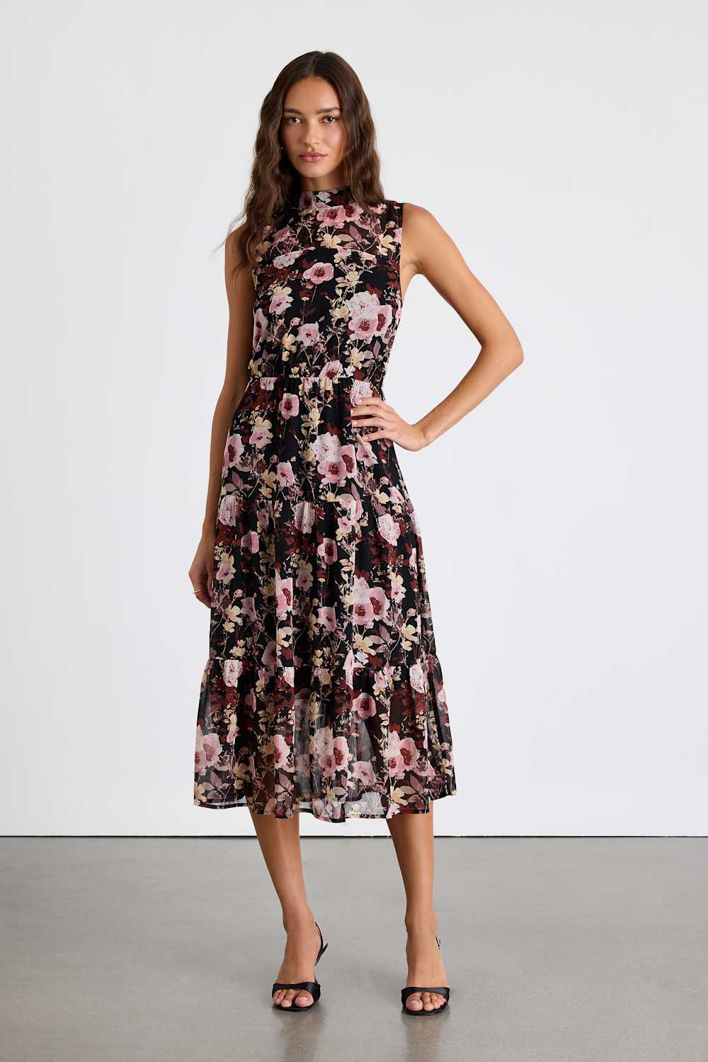 In My Dreams Black and Pink Floral Print Midi Dress